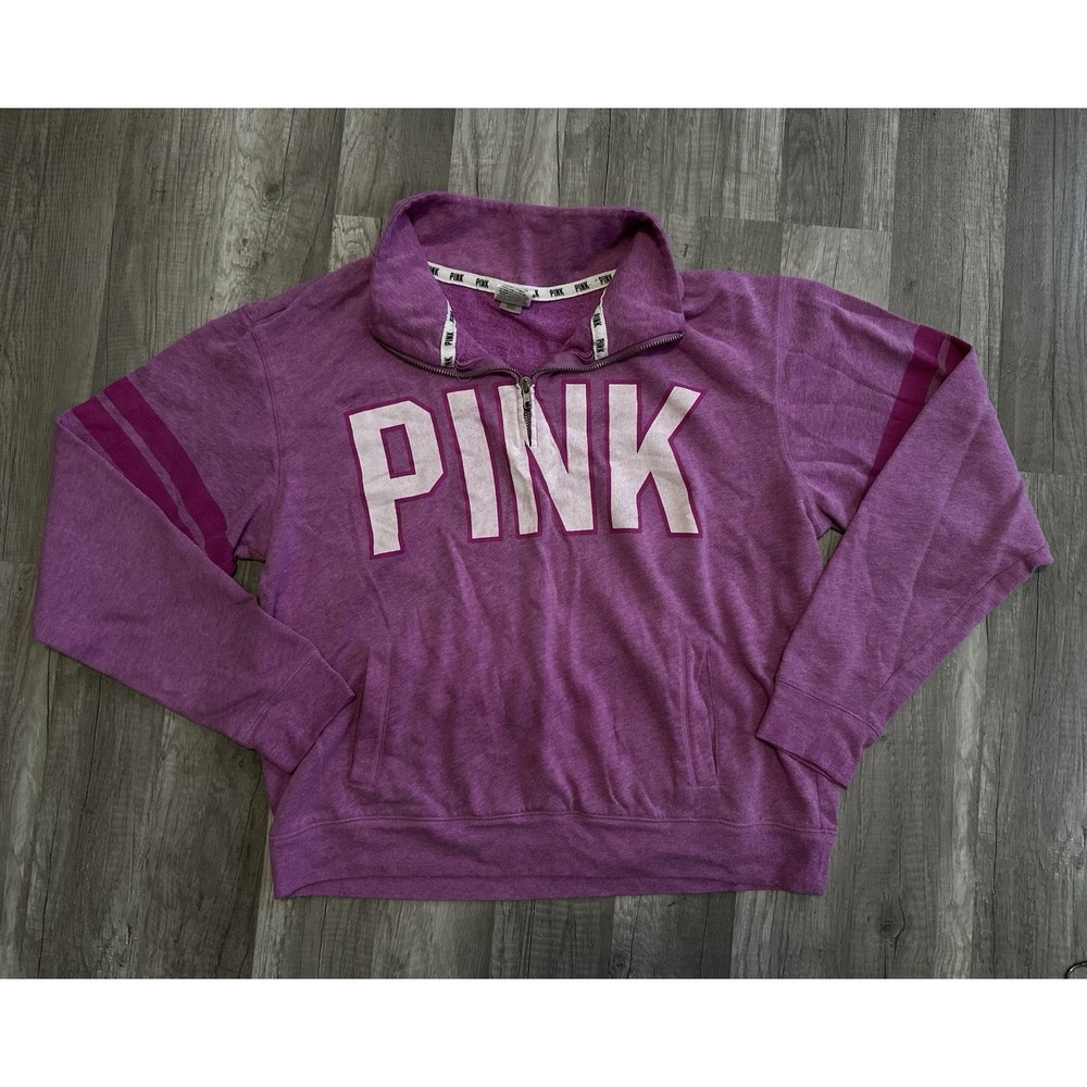 PINK Victoria's Secret Quarter Zip Pullover Sweatshirt Pink Women's Size Medium - Picture 2 of 14